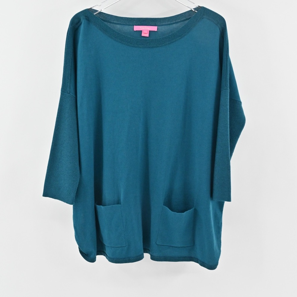 LILLY PULITZER Womens Cobo Boatneck Inky Sweater Size M Tidal Blue Metallic Knit